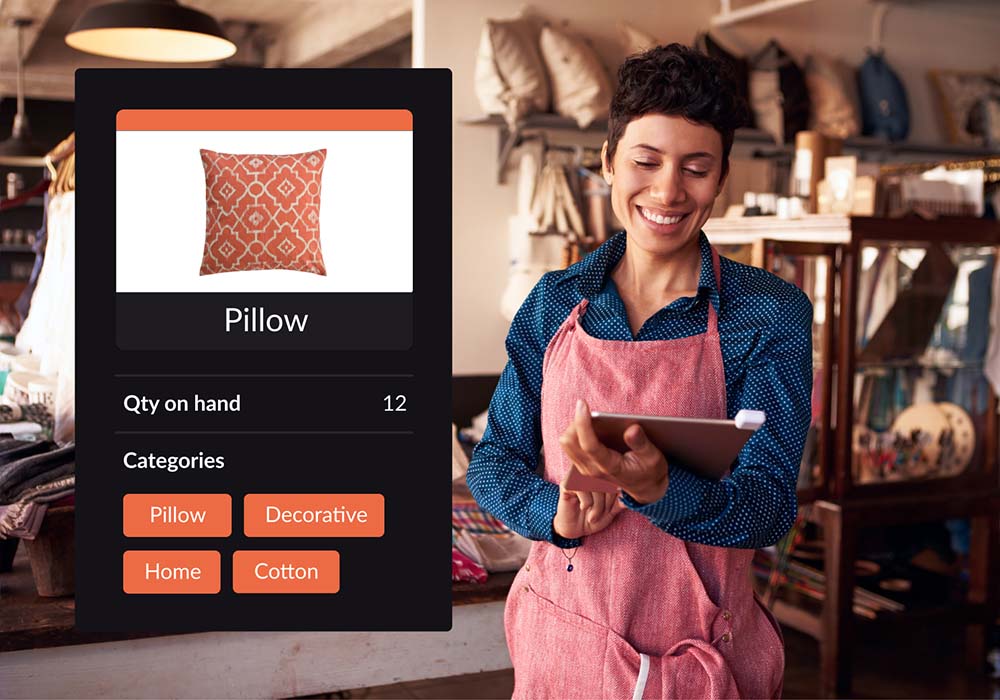 Cushion shown on Lightspeed Retail's inventory management interface. Quantity on hand, re-order point and product categories are shown below it. Retailer using iPad in shop in background.
